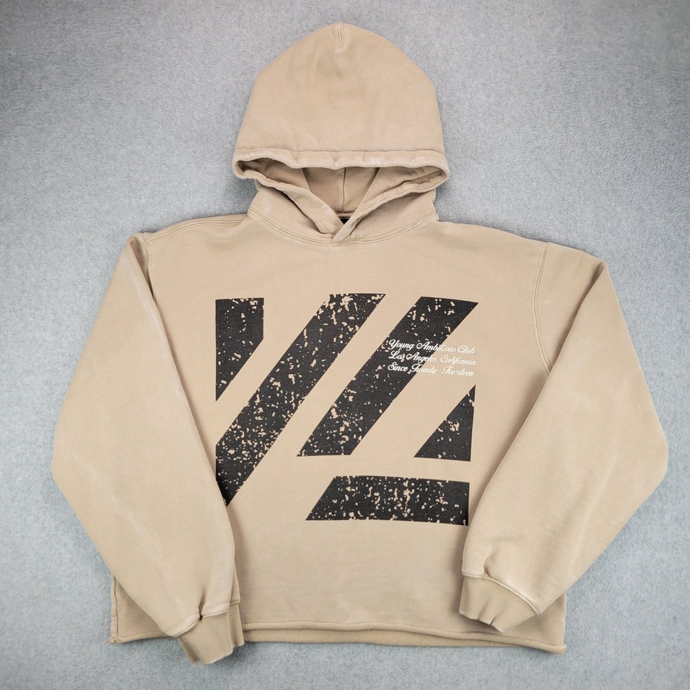 YoungLA 568 Hoodie Men Large Tan Distressed Logo Wash Boxy Fit